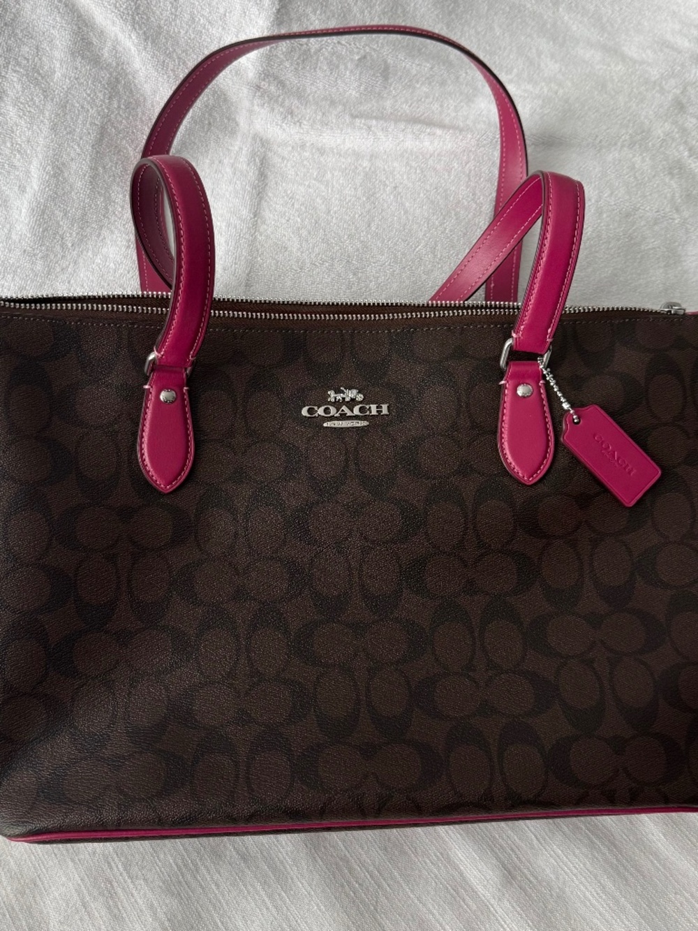 Coach Signature Tote Bag Brown Canvas Pink Leather Trim NWT Zip Top